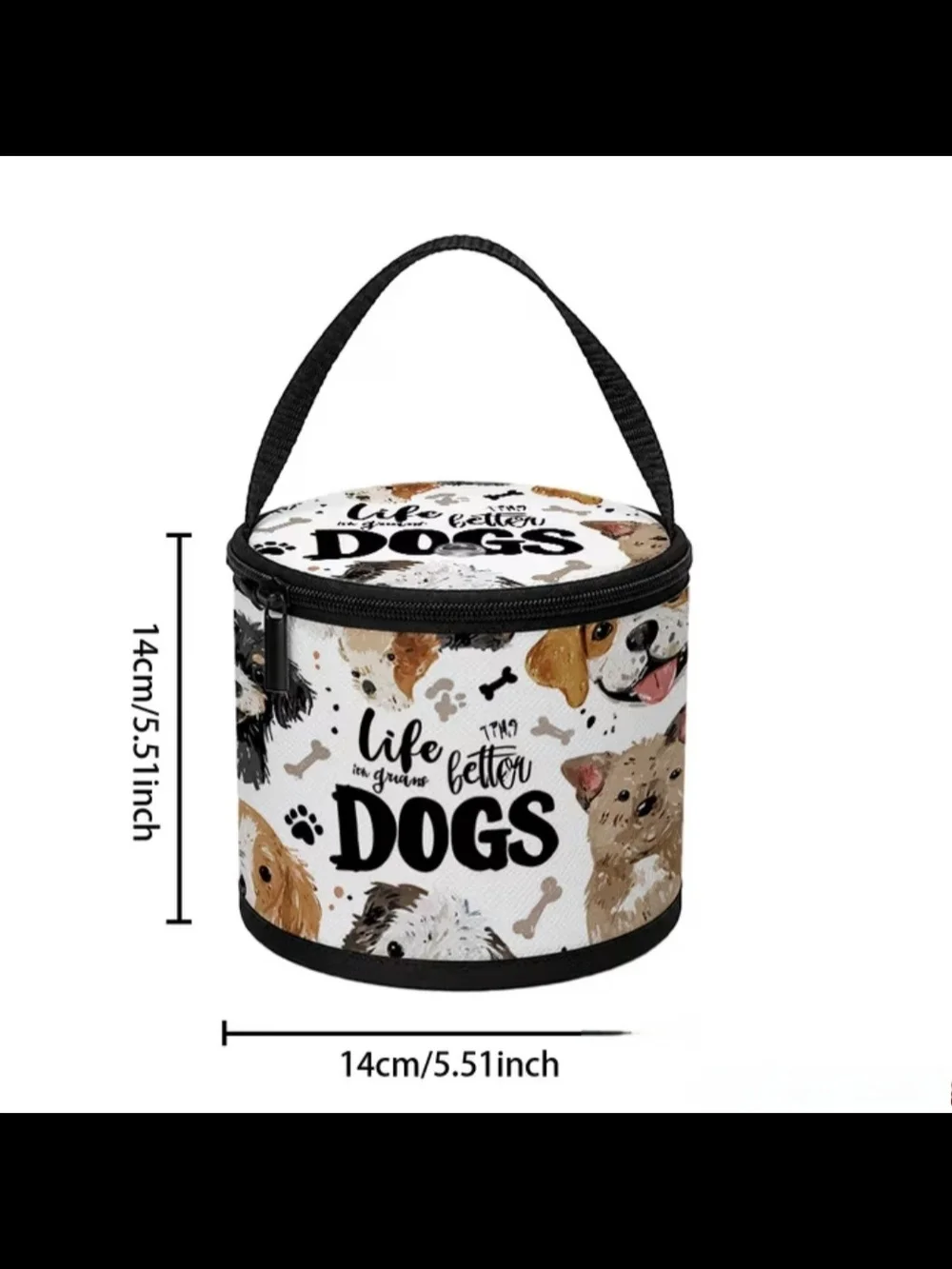 Dogs Pattern Round Crochet Yarn Case - White with Black Trim